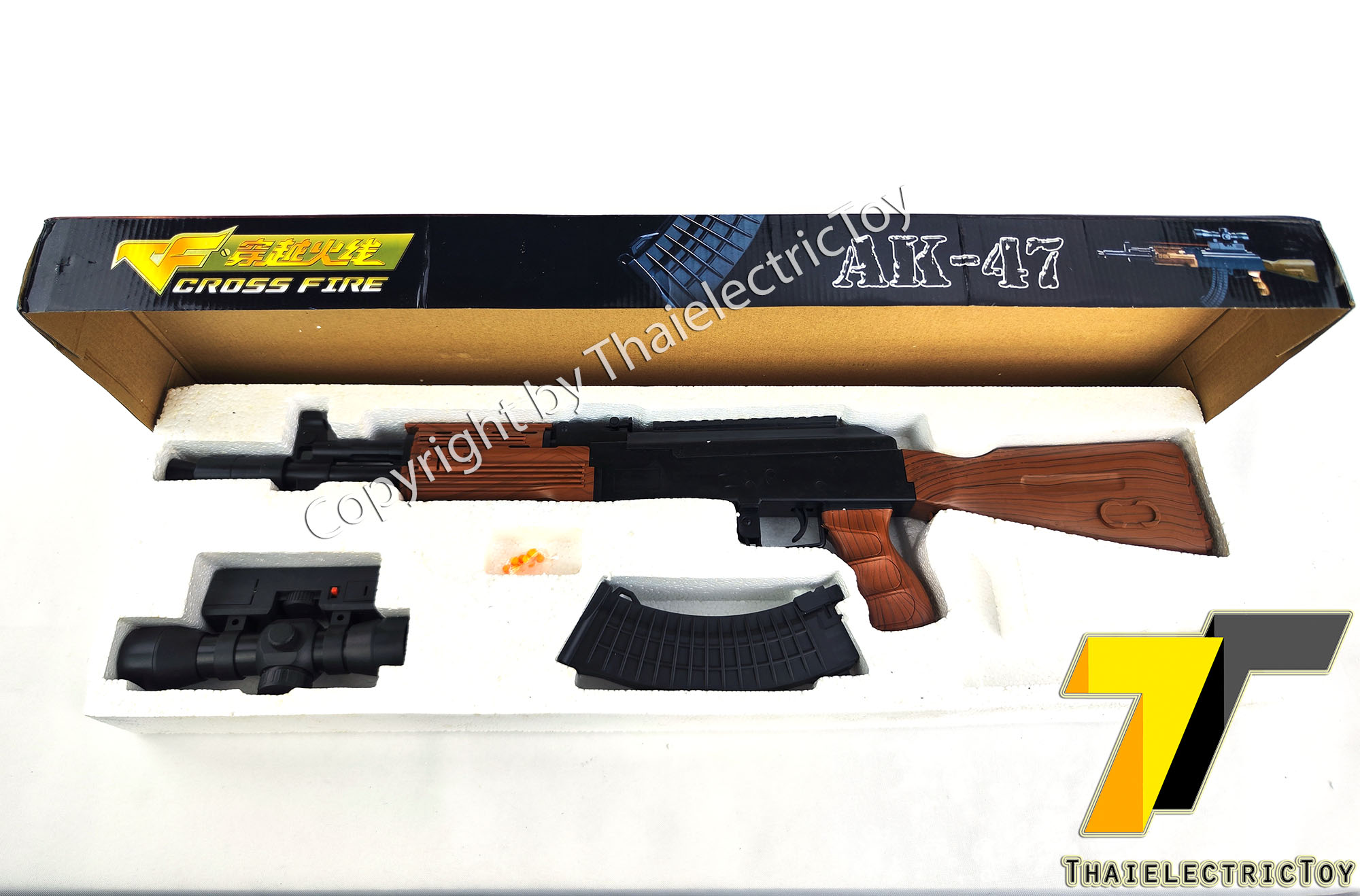ปืนอัดลมพลาสติก AK47 ชักยิงทีล่ะนัด หนัก 546 กรัม ยาว 72 ซม. มีเลเซอร์ ใช้ลูกกระสุนพลาสติก 6 มิล