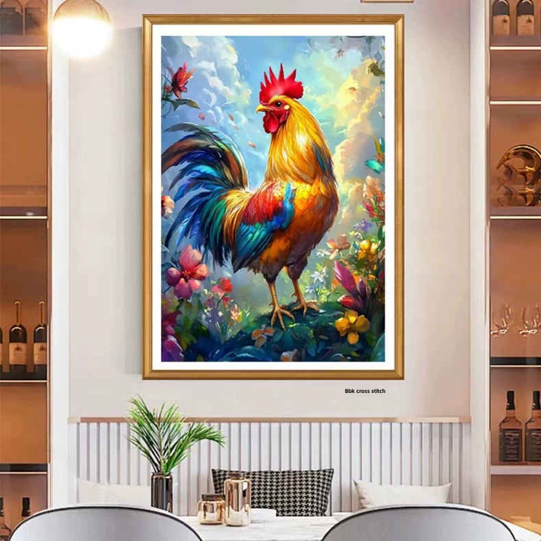 kai-1103 *สินค้าหมด* ชุดปักครอสติช ลายไก่มงคล (ปักเต็มผืนผ้า ไม่มีเดินเส้น ผ้า11CTพิมพ์ลาย มีประกาย ปัก 3 เส้นเล็ก) ขนาด 50*68 ซม.ผ้าครอสติช 11CTพิมพ์ลายปักบนผ้า ไหมคอตตอน 63 สี ผังลาย เข็ม