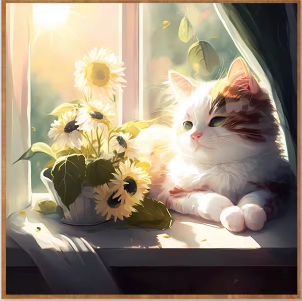 cat-1105 *สินค้าหมด* ชุดปักครอสติช ลายแมวน้อยทานตะวัน (ปักเต็มผืนผ้า ไม่มีเดินเส้น ผ้า11CT พิมพ์ลาย ปัก 3 เส้นเล็ก) ขนาด 50*50 ซม.ผ้าครอสติช 11CTพิมพ์ลายปักบนผ้า+ไหมคอตตอน 38 สี+ผังลาย+เข็ม