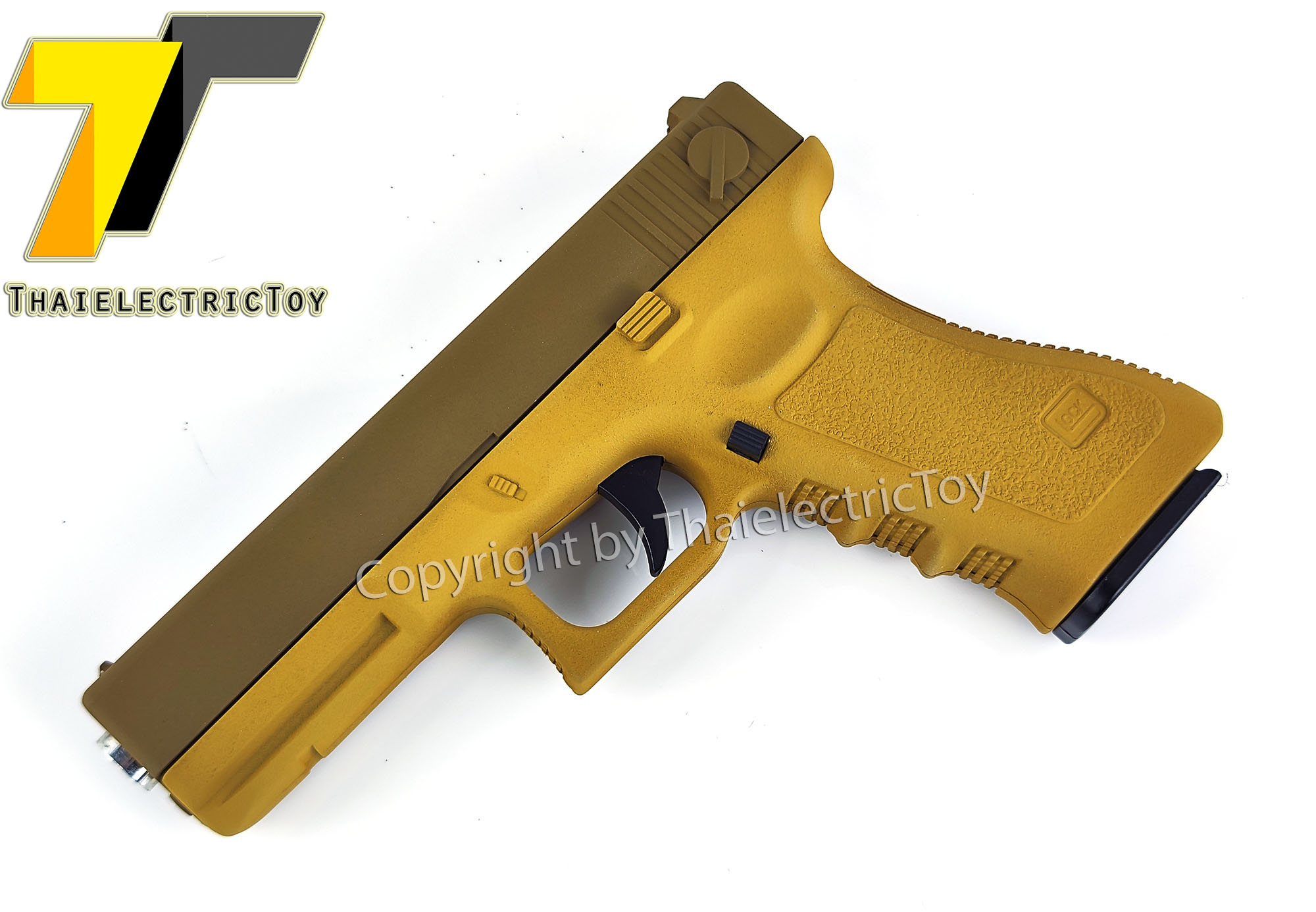 ปืนอัดลมเหล็ก Glock 17 สีทูโทน ชักยิงทีล่ะนัด ลำกล้องยาว 7 นิ้ว หนัก 668 กรัม ใช้ลูกกระสุนพลาสติก 6 มิล