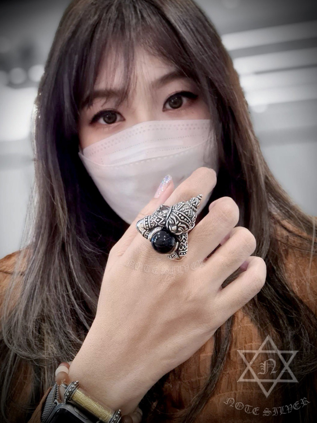 แหวนราหูเงินแท้ไซส์ใหญ่ ฝังนิลแท้เม็ดกลมโต Sterling Silver 925 NSRG2499