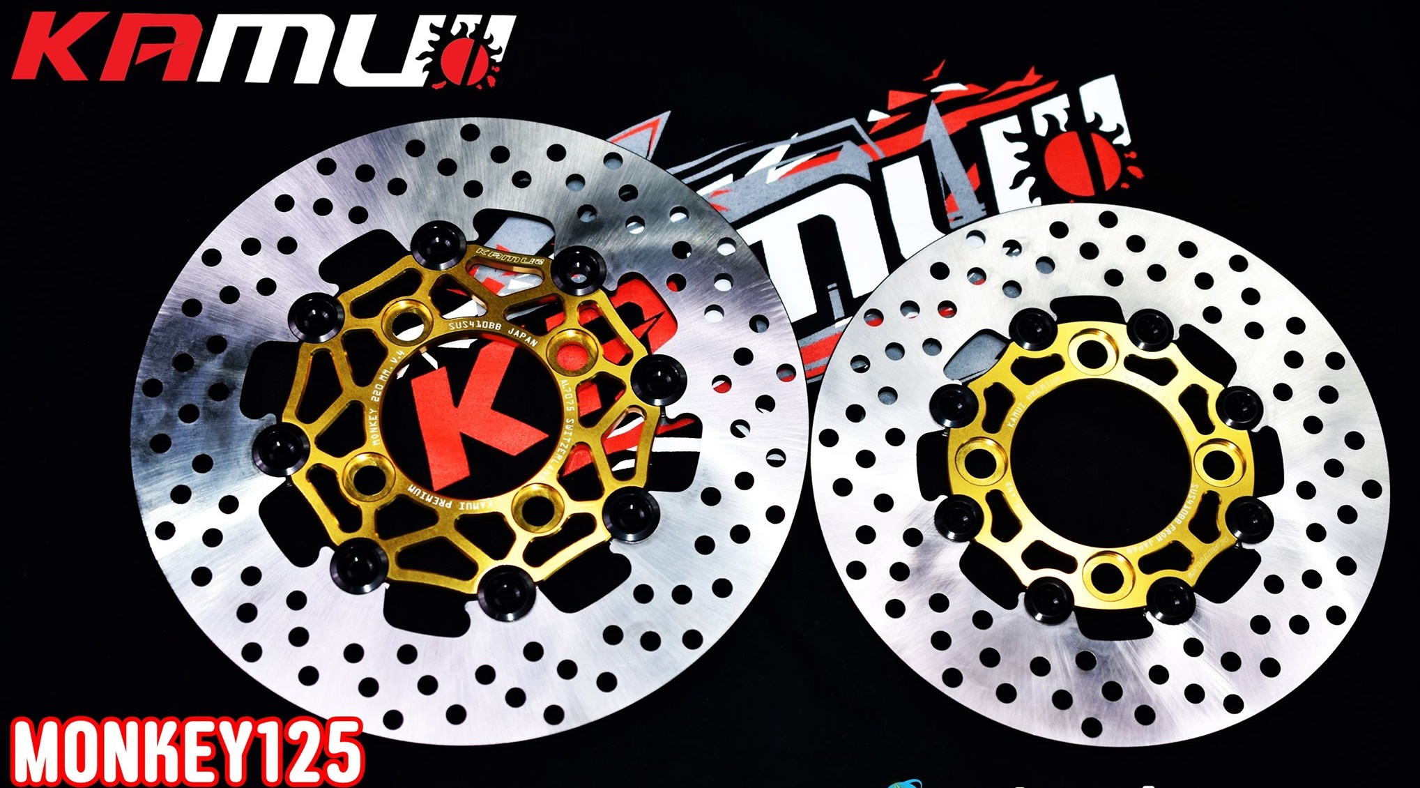 จานดิสก์monkey125 KAMUI ราคาชุดละ6000 หน้า 220 มิล.+หลัง 190 มิล. ลาย POWER-SLOT V.4 ข้อดีของจาน Floating - จานดิสก์ สแตนเลส 410BB จาก ญี่ปุ่น ผ่านการชุบแข็ง - อลูมิเนียม 7075 T651 จาก สวิตเซอร์แลนด์ - ใส่ปั๊ม Brembo ไม่ติดหมุด ไม่ต้องตัดผ้าเบรค - จับหน้า