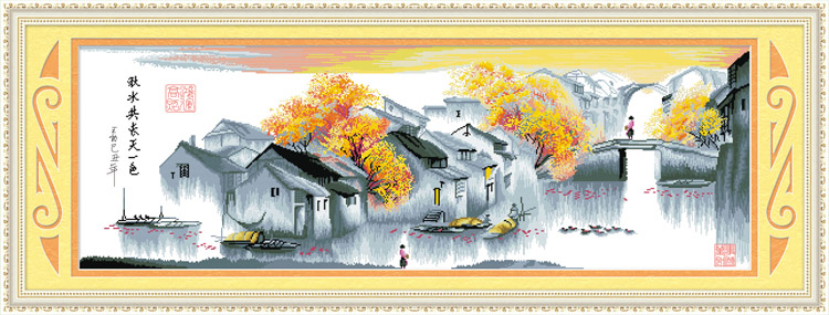 home-1047 *สินค้าหมด* ชุดปักครอสติช ลายบ้านริมฝั่งคลอง (ปักครั้งละ 3 เส้นเล็ก) ขนาด 137*52 ซม.ผ้าครอสติช 11CTพิมพ์ลายปักบนผ้า ไหมคอตตอน 39 สี ผังลาย เข็ม