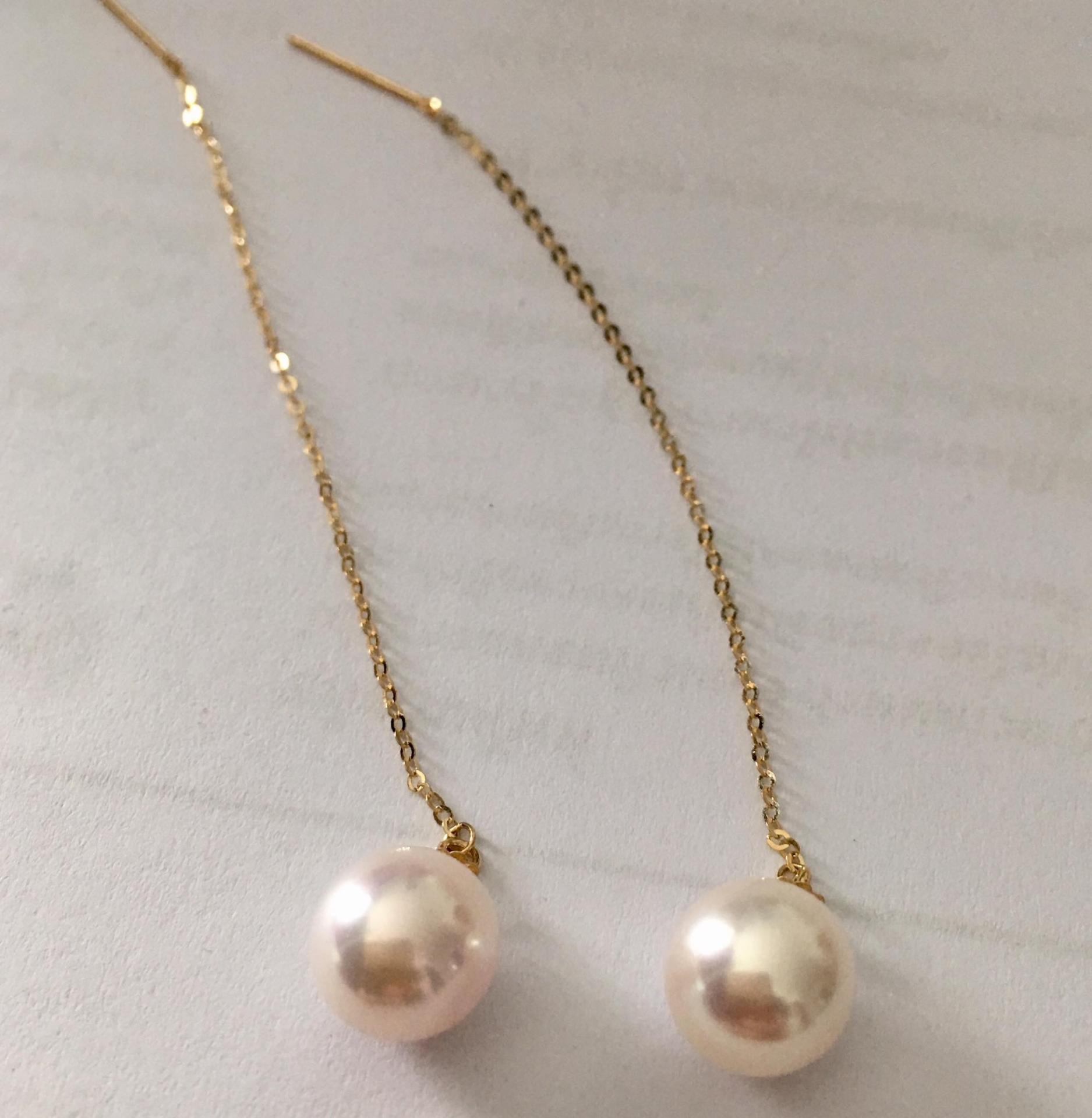 ต่างหูไข่มุกอะโกย่าญี่ปุ่นแท้ 8-8.5 มิล กลม ก้านโซ่ทอง 18k AAA