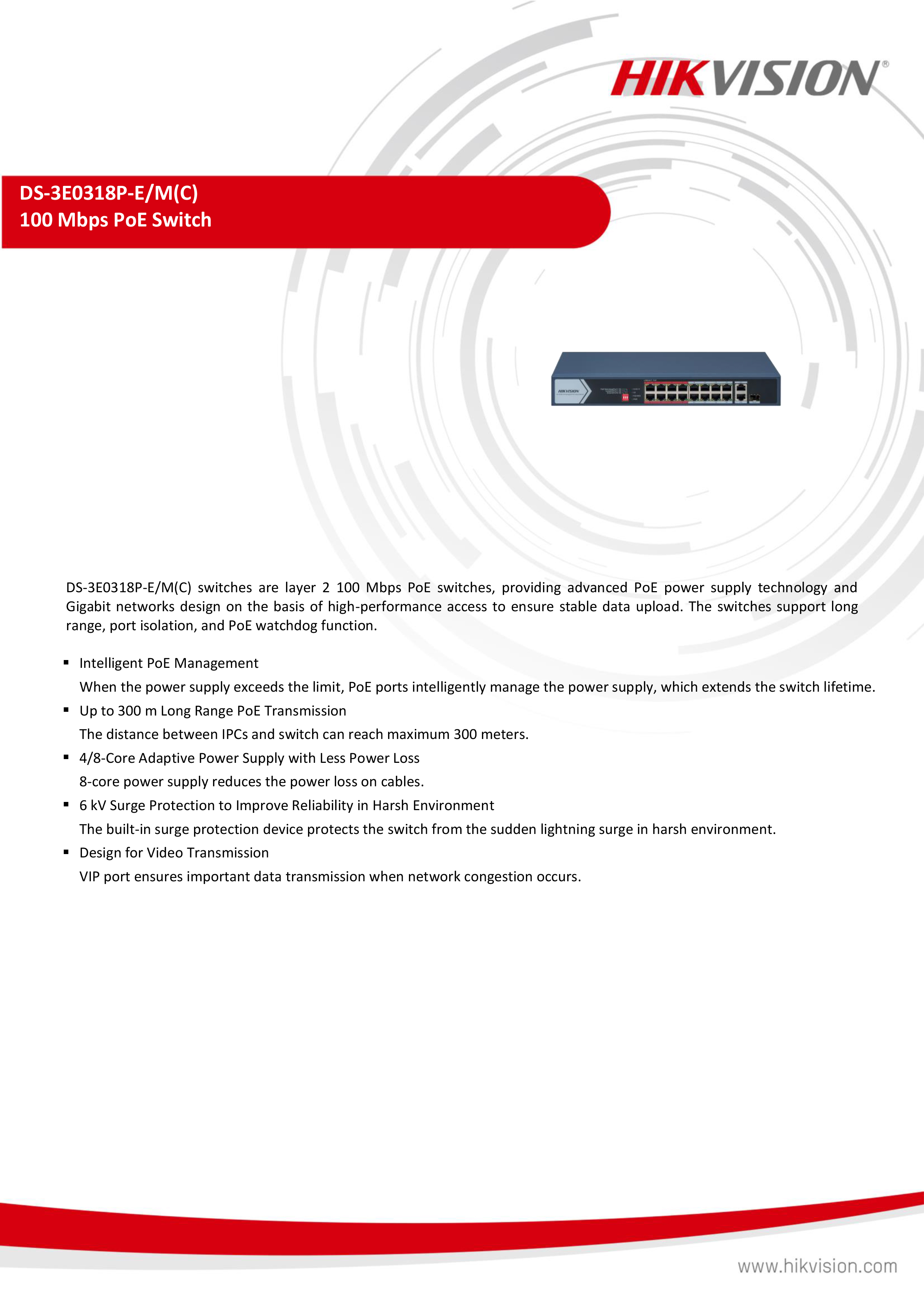 HIKVISION DS-3E0318P-E/M (C) 18 PoE Switch 16×100Mbps PoE, 1×1000Mbps RJ45, 1×1000Mbps SFP 150W BY BILLIONAIRE SECURETECH DS-3E0318P-E/M (C)