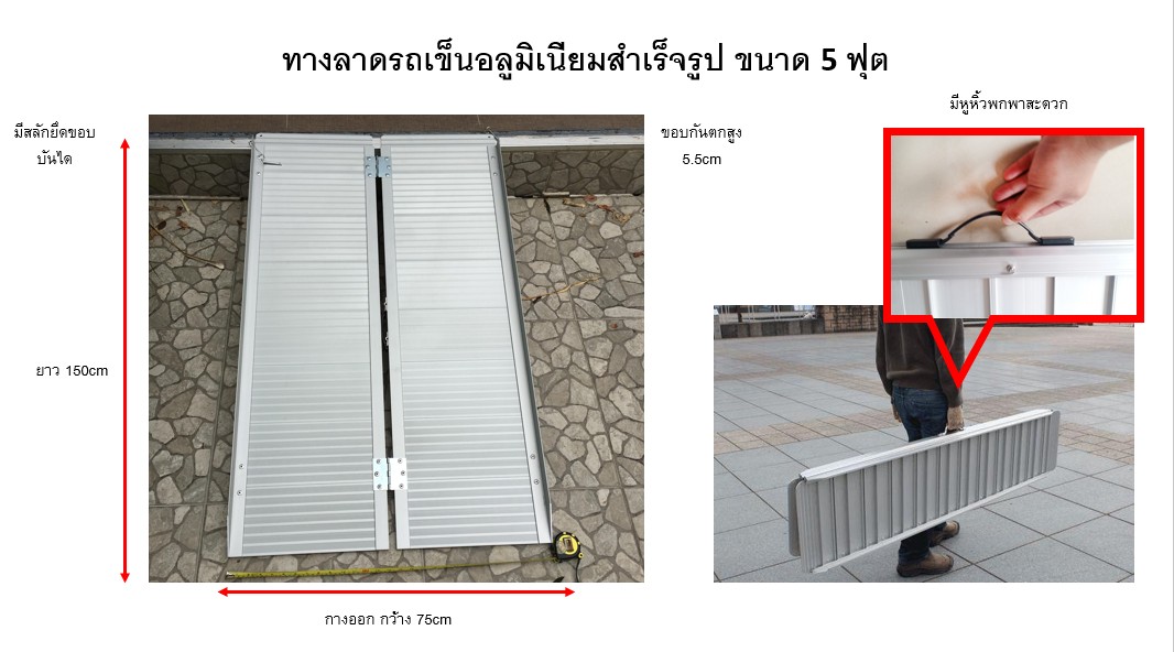 ทางลาดรถเข็นอลูมิเนียม ยาว 150ซม. กว้าง 76ซม. พกพา พับได้ ใช้ได้ถึงความสูงสุด 40 cm **มีของพร้อมส่ง - Aluminium Ramp 5f 150x76x5 cm 12kg