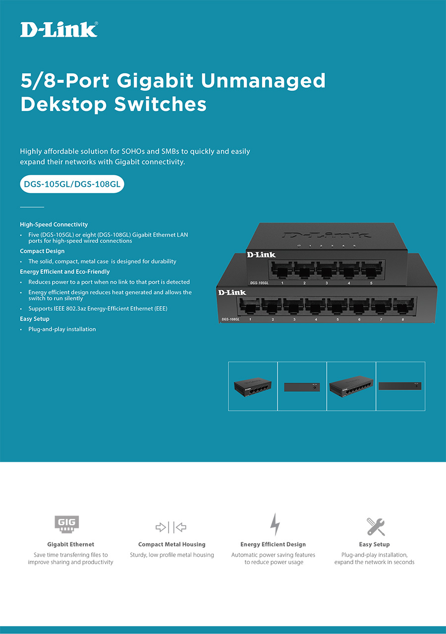 D-LINK DGS-108GL 8-Port Gigabit Ethernet Switch Metal casing BY BILLIONAIRE SECYRETECH DGS-108GL