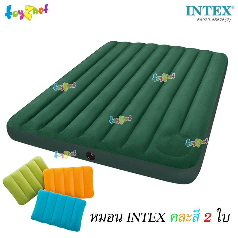 Intex Camping Airbed 5ft (Queen) 1.52x2.03x0.22 m w/Built-in Foot Pump no.66929 + 2 Pillows (Color-Assorted)