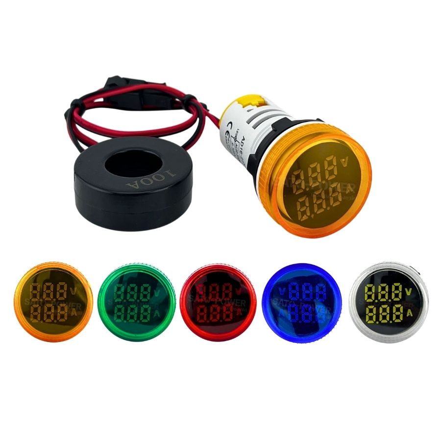 SUNMOON แลมป์ ดิจิตอล โวลต์-แอมป์ มิเตอร์ (หน้ากลม) LED 50-500Vac / 0-100A ขนาด 22mm. รุ่น PL-DVAM-22C