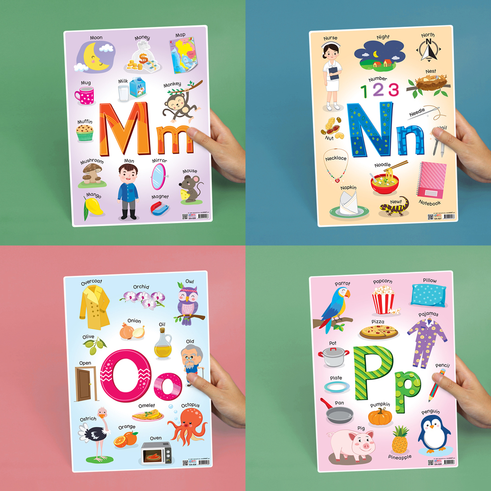 โปสเตอร์ความรู้ บัตรคำ ชุดคำศัพท์ภาษาอังกฤษ M N O P