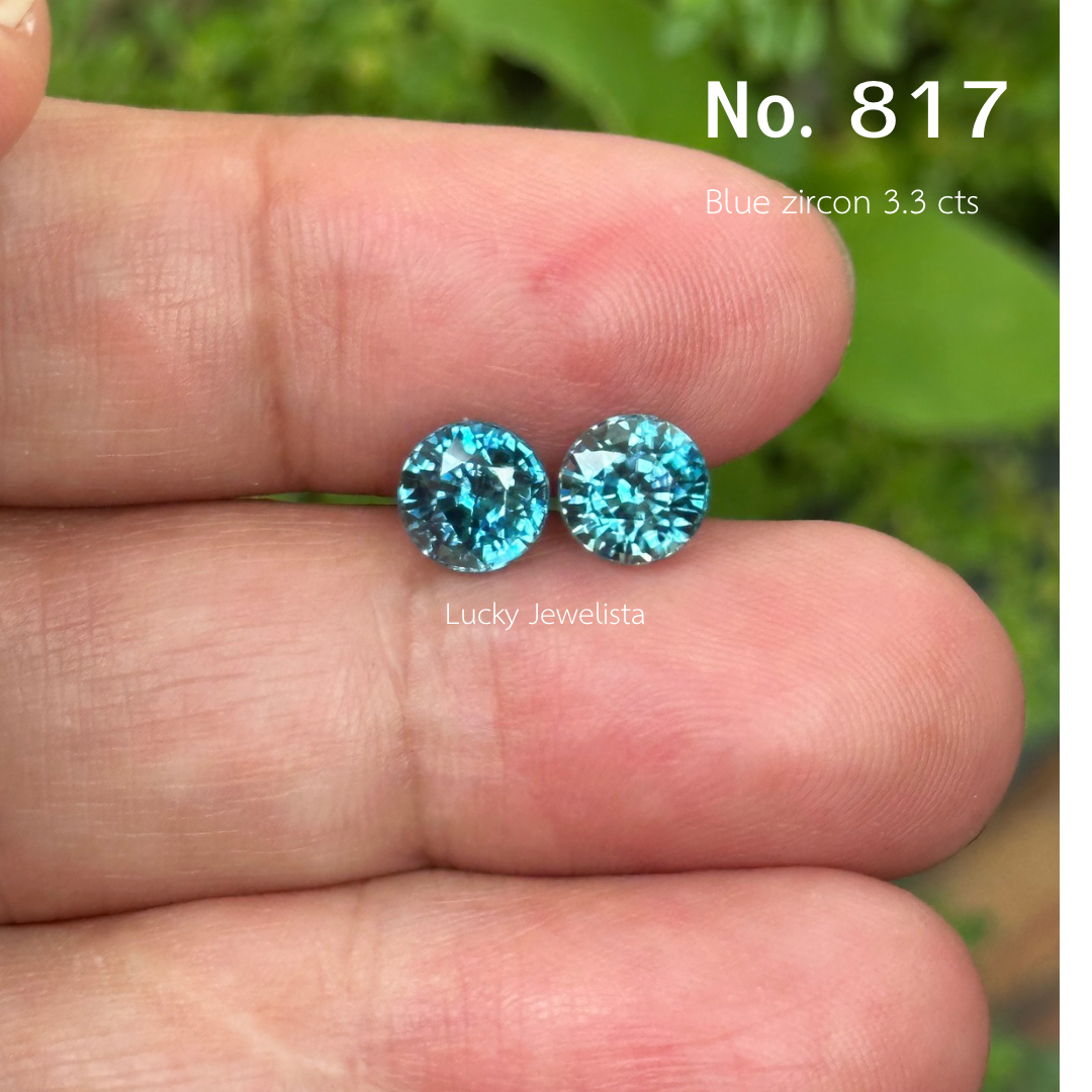 พลอยเพทายฟ้าเข้ม เซตคู่ Blue zircon ฟ้าน้ำทะเล เฉลี่ย 6.2x4.7 มิล ทรงกลมเหลี่ยมเพชร 1