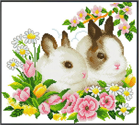 rabbit-1105 *สินค้าหมด* ชุดปักครอสติช ลายกระต่ายคู่ (ปักครั้งละ 3 เส้นเล็ก) ขนาด 40*40 ซม.ผ้าครอสติช 11CTพิมพ์ลายปักบนผ้า ไหมคอตตอน 23 สี ผังลาย เข็ม