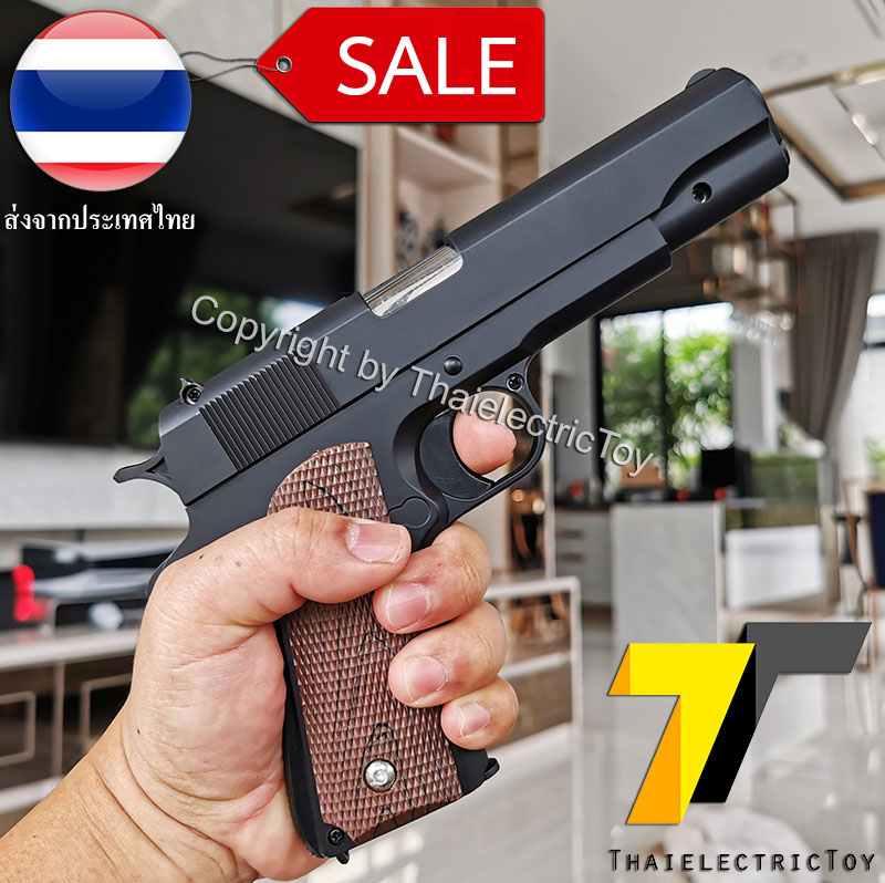 ปืนอัดลมเหล็ก ชักยิงทีล่ะนัด Colt 1911 สีดำ ลำกล้องยาว 7.5 นิ้ว นกสับได้ เซพตี้สไลน์ แมคเหล็ก หนัก 588 กรัม ใช้ลูกกระสุนพลาสติก 6 มิล