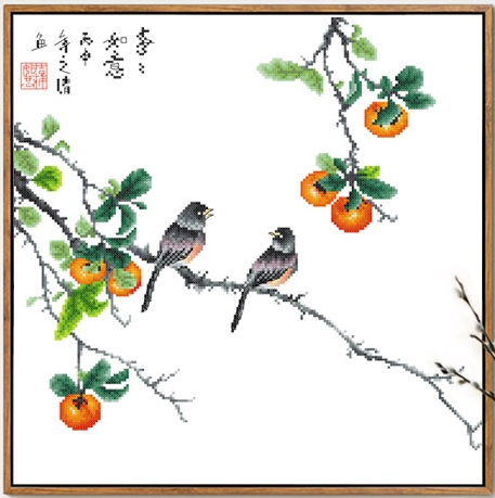 bird-1064 *สินค้าหมด* ชุดปักครอสติช ลายนกน้อยเกาะกิ่งลูกพลับ ขนาด 50*50 ซม.ผ้าครอสติช 11CTพิมพ์ลายปักบนผ้า ไหมคอตตอน 33 สี ผังลาย เข็ม