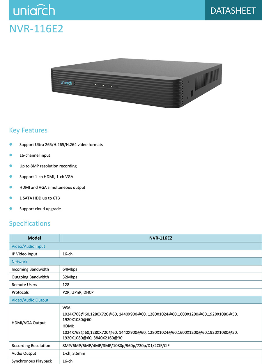 UNIARCH NVR-116E2 NVR 16CH, H.265, 1SATA. Up to 8MP Camera BY BILLIONAIRE SECURETECH NVR-116E2