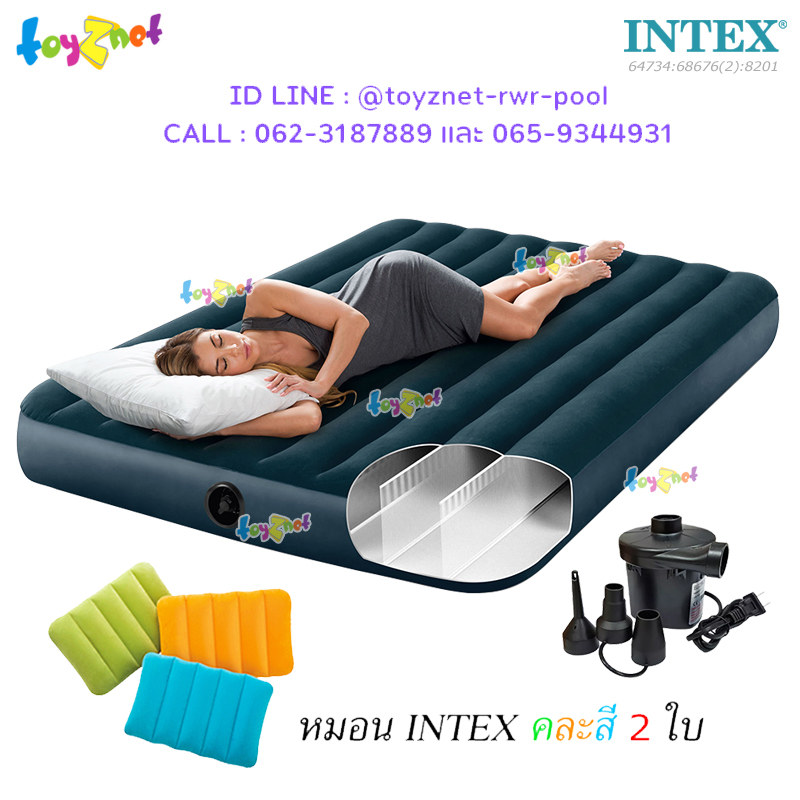 Intex New Structure - More Comfortable Dura-Beam Fiber-Tech Airbed 5ft (Queen) 1.52x2.03x0.25 m Midnight Green no.64734 + Two Kidz Pillow no.68676 (Color-Assorted) + Elec. Air Pump