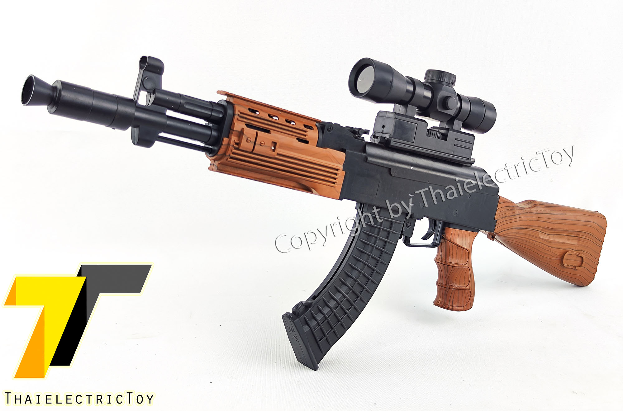 ปืนอัดลมพลาสติก AK47 ชักยิงทีล่ะนัด หนัก 546 กรัม ยาว 72 ซม. มีเลเซอร์ ใช้ลูกกระสุนพลาสติก 6 มิล