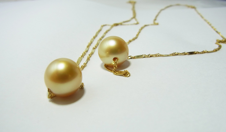 สร้อย Tin cup อิตาลี 18k,มุก south sea 11-12 มิล AAA สีทอง