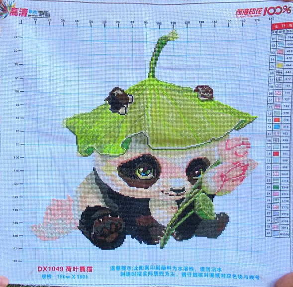 panda-1009 *สินค้าหมด* ชุดปักครอสติช ลายแพนด้าใบบัว (ไม่มีเดินเส้น ปักครั้งละ 3 เส้นเล็ก) ขนาด 50*50 ซม.ผ้าครอสติช 11 CTพิมพ์ลายปักบนผ้า ไหมคอตตอน 30 สี ผังลาย เข็ม