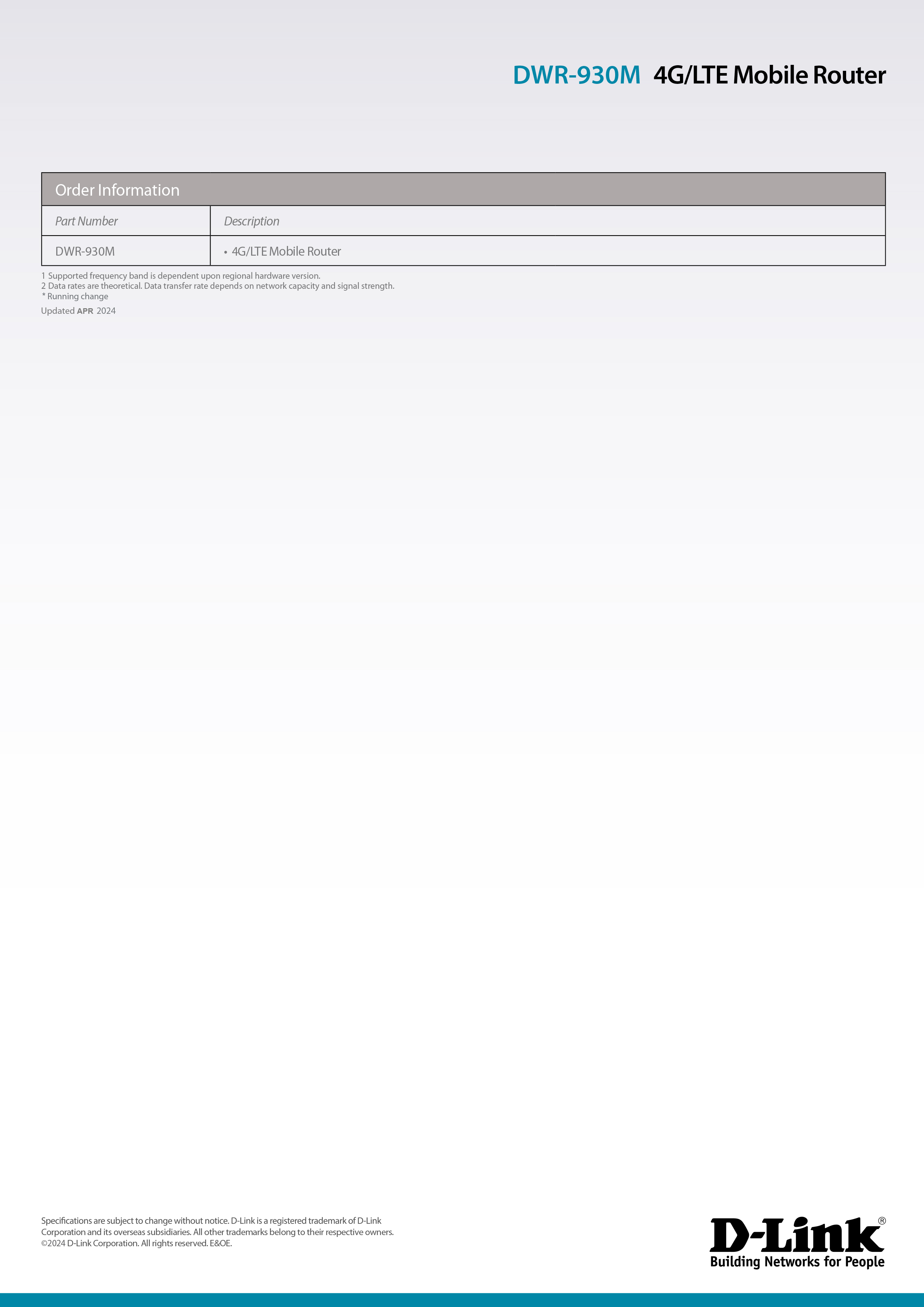 D-LINK DWR-930M : 4G LTE Mobile Router BY BILLIONAIRE SECURETECH DWR-930M
