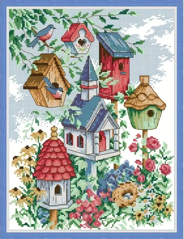 bird-1114 *สินค้าหมด* ชุดปักครอสติช ลายบ้านนก (ผ้า14CTพิมพ์ลาย ปัก 2 เส้นเล็ก) ขนาด 30*38 ซม.ผ้าครอสติช 14CTพิมพ์ลายปักบนผ้า ไหมคอตตอน 25 สี ผังลาย เข็ม