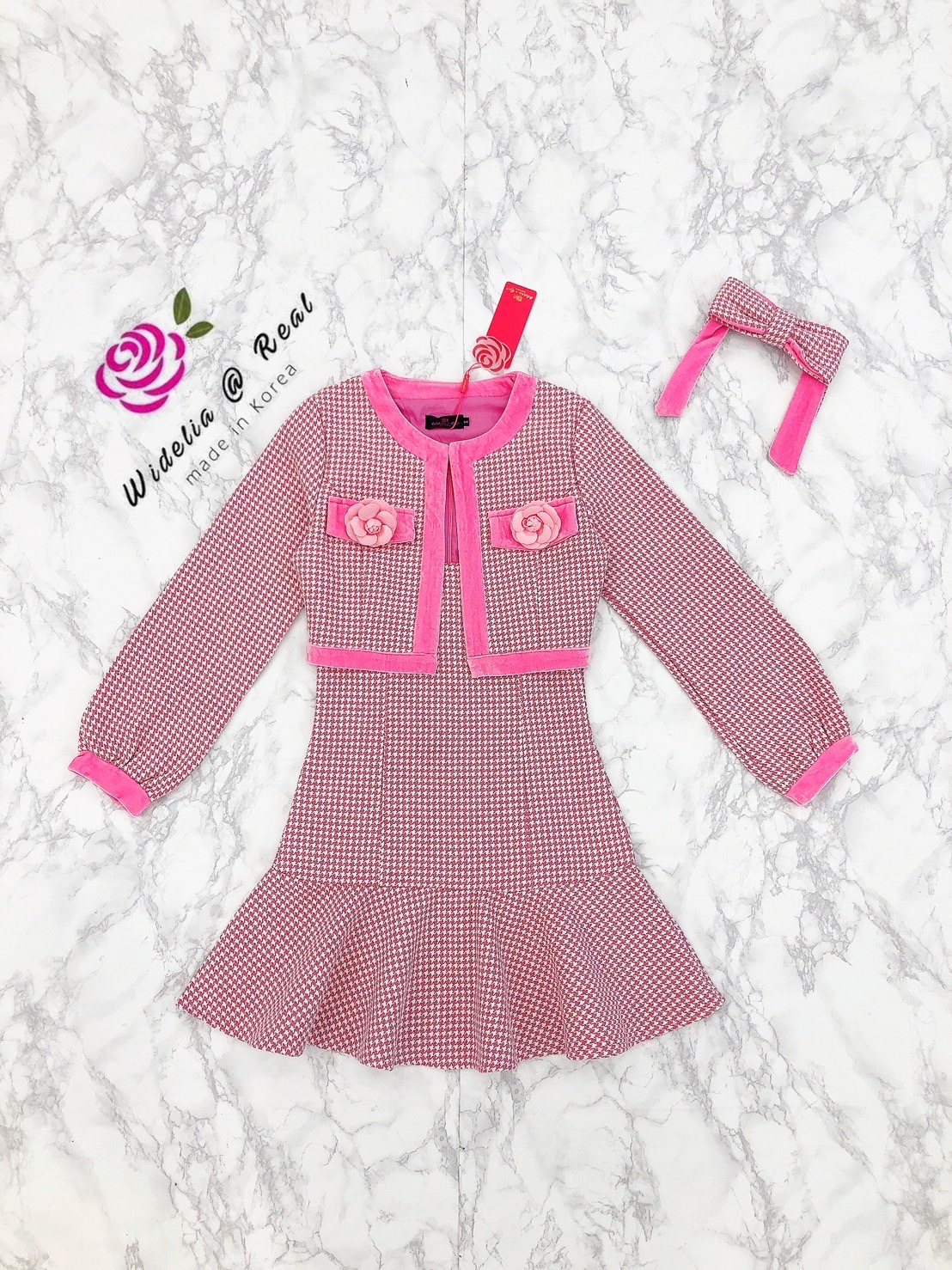 Korea Set 3ชิ้น มีเสื้อคลุมกับเดรสแขนกุดและโบว์ติดผม