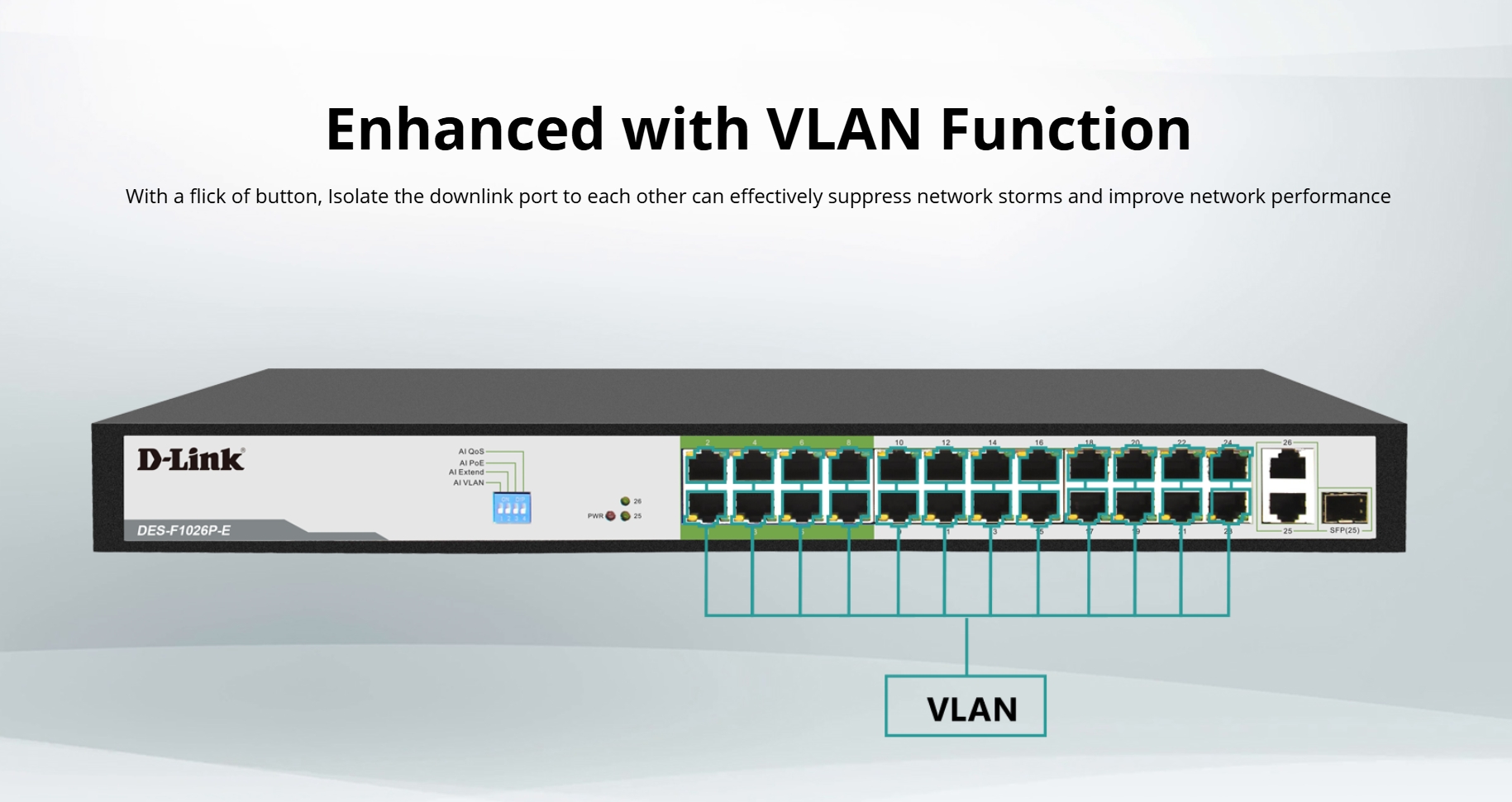 D-LINK DES-F1026P-E : 250M 24-Port Fast Ethernet PoE Switch with 24-port POE+ (250W) with 2 x Gigabit Uplink Ports with 1 Combo SFP BY BILLIONAIRE SECURETECH DES-F1026P-E