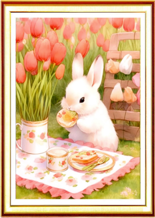 rabbit-1063 *สินค้าหมด* ชุดปักครอสติช ลายกระต่ายกับมื้อเช้าในสวนทิวลิป (งานปักเต็มลาย ไม่มีเดินเส้น ผ้าตาใหญ่ ปักครั้งละ 4 เส้นเล็ก) ขนาด 60*80 ซม.ผ้าครอสติช 9CTพิมพ์ลายปักบนผ้า ไหมคอตตอน 42 สี ผังลาย เข็ม