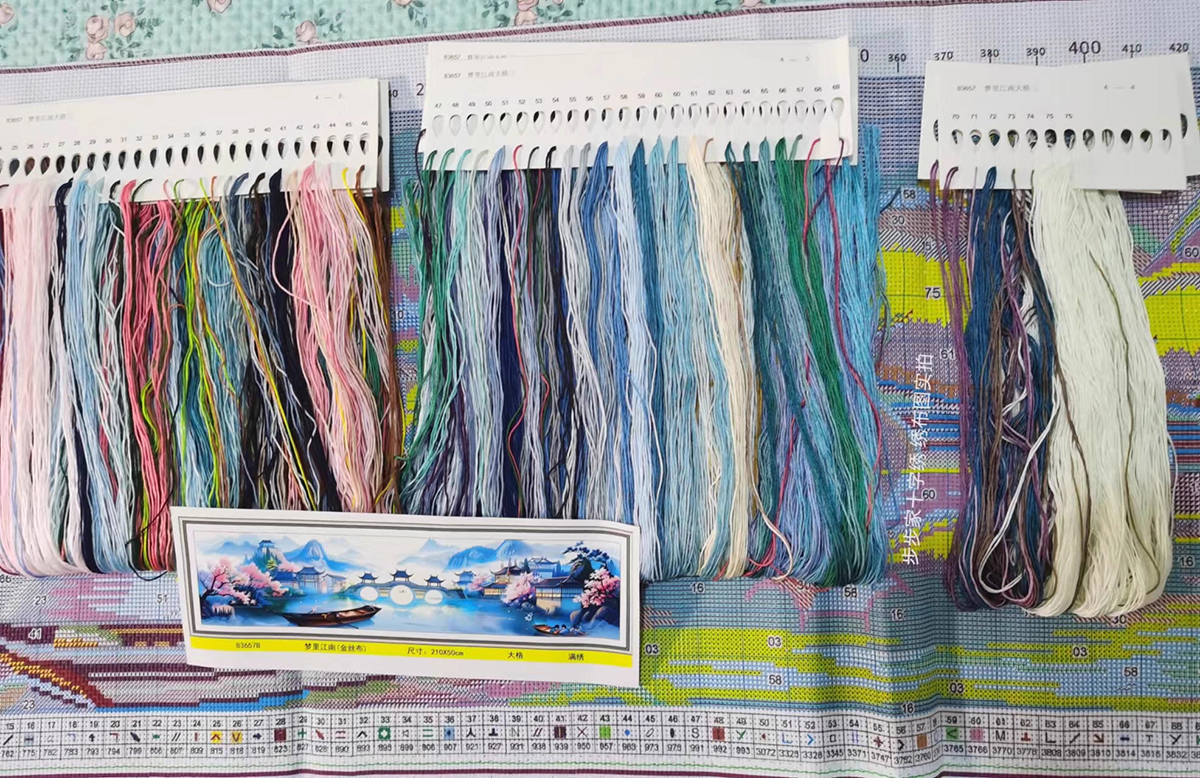 view-1122 *สินค้าหมด* ชุดปักครอสติช ลายสองฝั่งแม่น้ำ (ปักเต็มผืนผ้า ไม่มีเดินเส้น ผ้า11CTพิมพ์ลาย ปัก 3 เส้นเล็ก) ขนาด 175*45 ซม.ผ้าครอสติช 11CTพิมพ์ลายปักบนผ้า ไหมคอตตอน 75 สี ผังลาย เข็ม