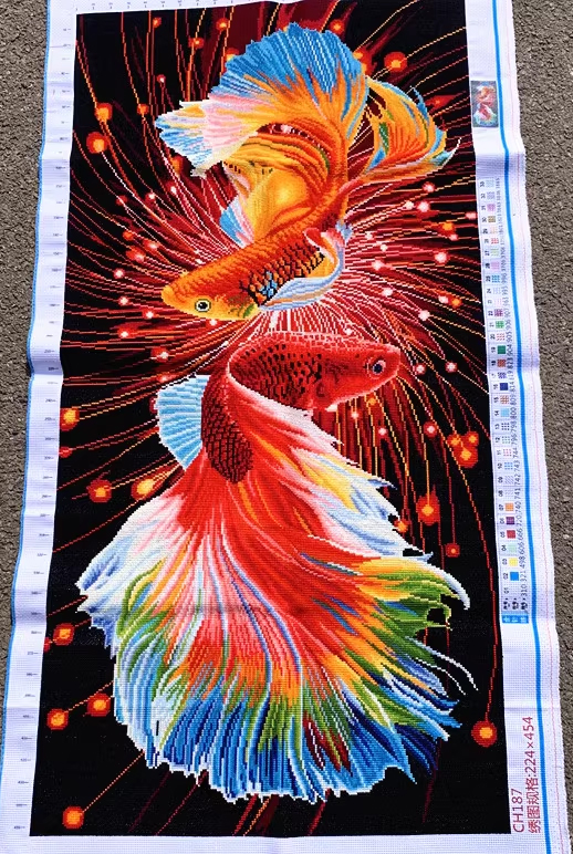 pla-1027 *พร้อมส่ง* ชุดปักครอสติช ลายคู่ปลากัด (ปักเต็มผืนผ้า ไม่มีเดินเส้น ผ้า11CTพิมพ์ลาย ปัก 3 เส้นเล็ก ) ขนาด 50*85 ซม.ผ้าครอสติช 11CTพิมพ์ลายปักบนผ้า ไหมคอตตอน 28 สี ผังลาย เข็ม