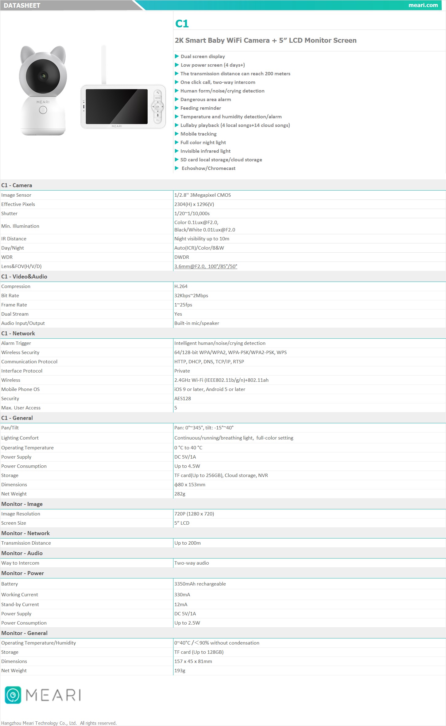 MEARI C1 กล้องวงจรปิดระบบ IP 3MP Smart Baby WiFi Camera มีระบบเสียงสองทาง และหน้าจอขนาด 5 นิ้ว BY BILLIONAIRE SECURETECH MEARI C1