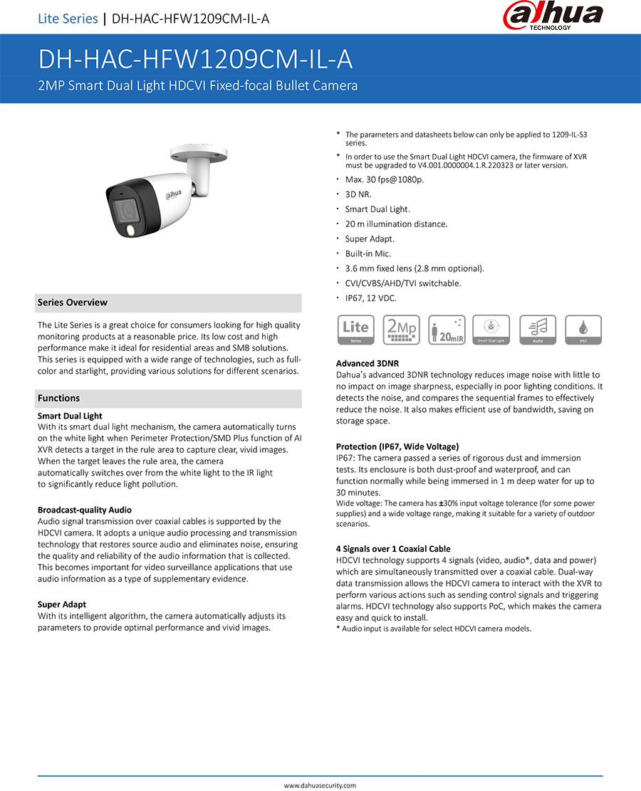 DAHUA DH-HAC-HFW1209CM-IL-A กล้องวงจรปิด HDCVI 2MP Smart Dual Light มีไมค์ในตัว DH-HAC-HFW1209CMP-IL-A BY BILLIONAIRE SECURETECH DH-HAC-HFW1209CM-IL-A