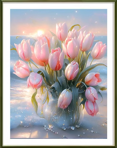 tulip-1104 *สินค้าหมด* ชุดปักครอสติช ลายแจกันช่อทิวลิป (ปักเต็มผืนผ้า ไม่มีเดินเส้น ผ้า 11CTพิมพ์ลาย มีประกาย ปัก 3 เส้นเล็ก) ขนาด 50*65 ซม.ผ้าครอสติช 11CTพิมพ์ลายปักบนผ้า ไหมคอตตอน 58 สี ผังลาย เข็ม