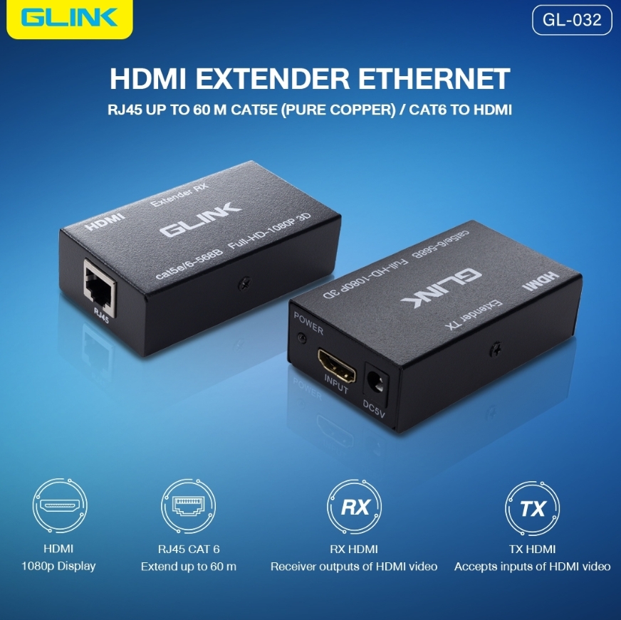 GLINK GL-032 / GL032 HDMI EXTENDER EXTHERNET RJ45 60M Cat5e/Cat6e อุปกรณ์เพิ่มความยาวสาย HDMI ส่งรับ ขยาย สัญญาณ BY BILLIONAIRE SECURETECH GL-032