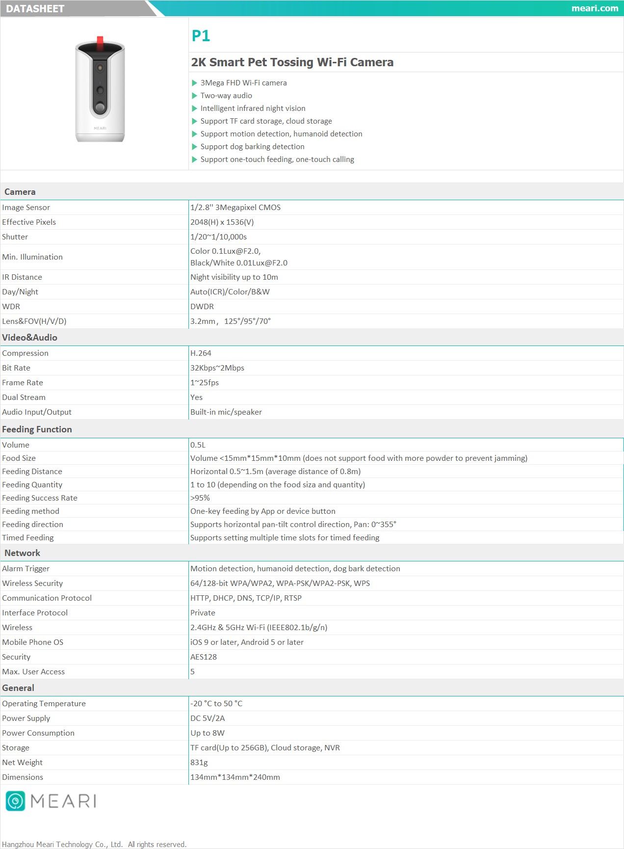 MEARI P1 กล้องวงจรปิด 3MP Smart Pet Tossing Wi-Fi มีฟังก์ชั่นให้อาหารสัตว์,ระบบเสียงสองทาง BY BILLIONAIRE SECURETECH MEARI P1