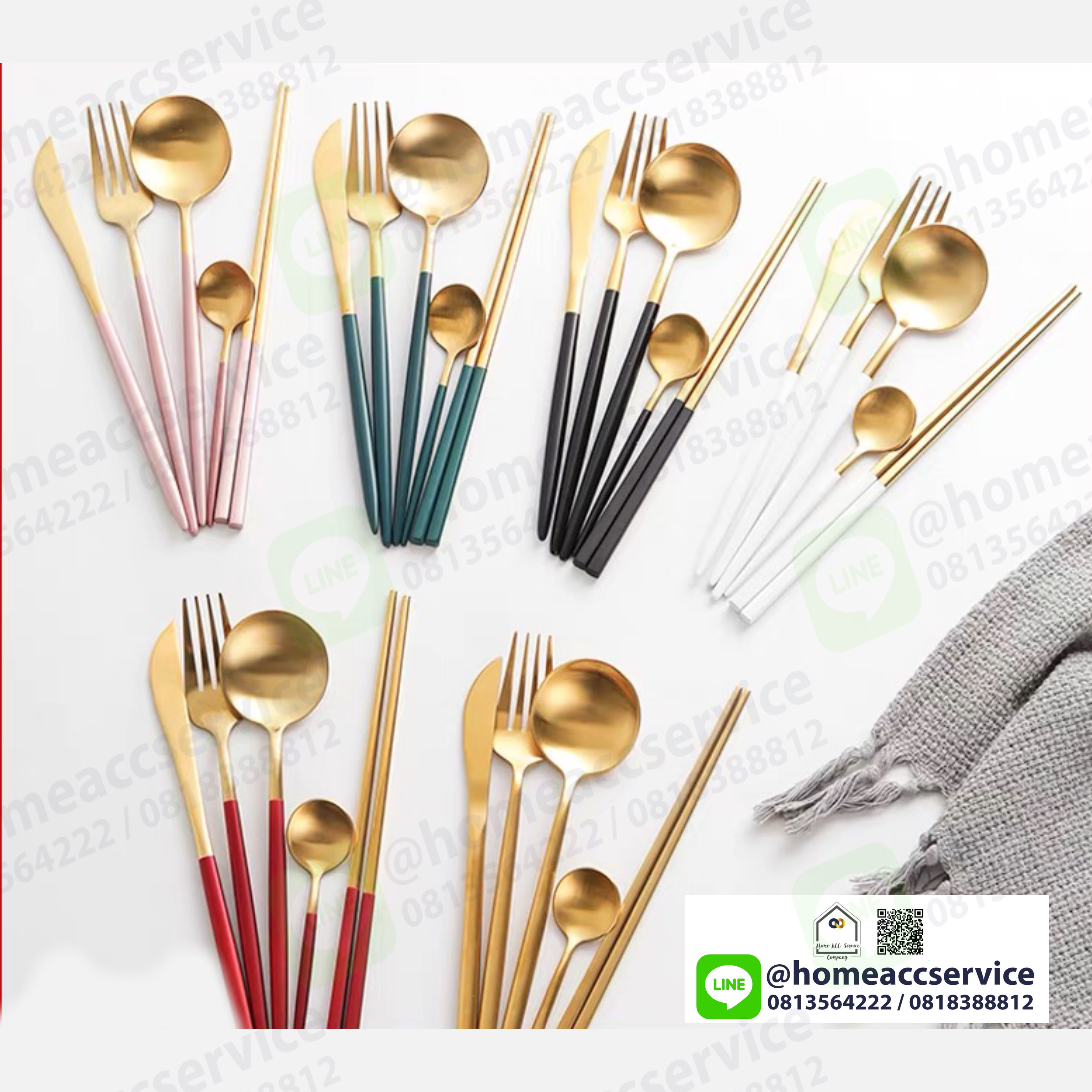 Well Stainless ชุด ช้อน ส้อม มีด ตะเกียบ ช้อนเล็ก 5 ชิ้น คู่-ยาว 21 ซม.,หนา,ทน,เนื้อสแตนเลสตัน - Premium Gold Ware Set 5