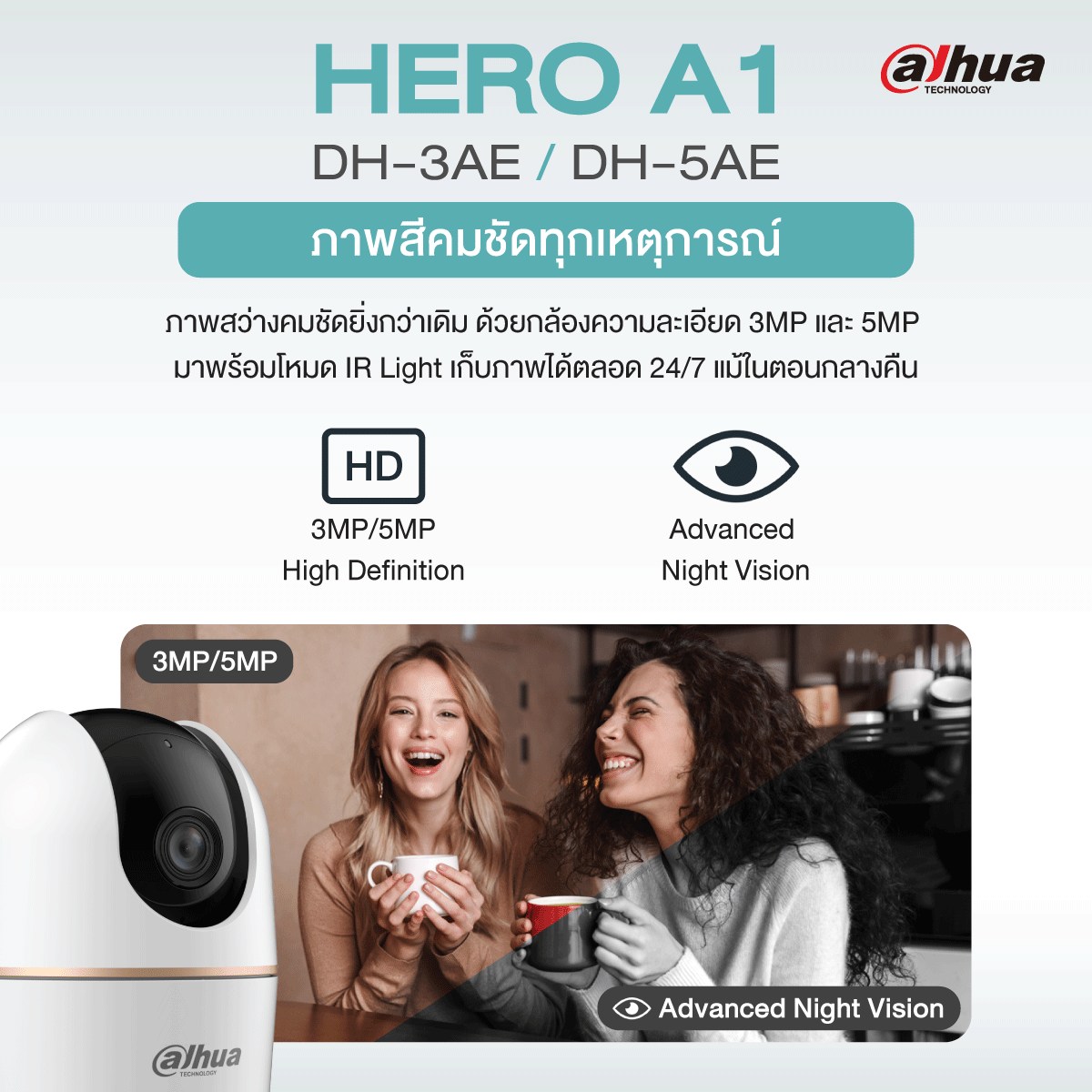 DAHUA DH-H3AE-B ( HERO A1 ) BLACK - สีดำ กล้องวงจรปิดระบบ IP WIFI 3 ล้านพิกเซล มีไมค์และลำโพงในตัว IR 10 M. BY BILLIONAIRE SECURETECH DH-H3AE-B