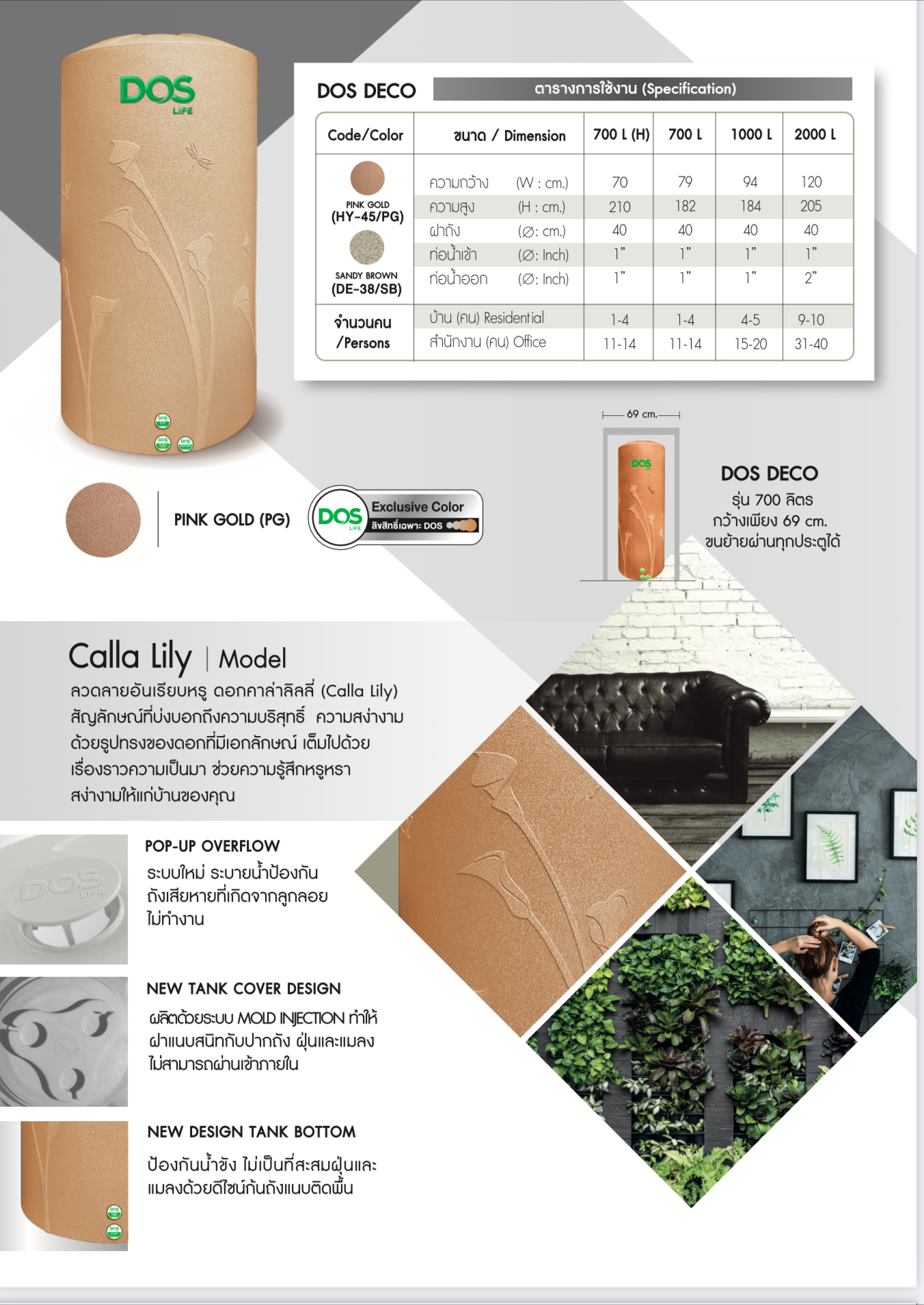 ถังเก็บน้ำ Dos Deco Ag+ Combac HY-45/PG-2000 ลิตร คุณภาพ คุ้มค่า…ทุกความประทับใจ !! ถังเก็บน้ำ DOS DECO ลวดลายจากธรรมชาติ ที่ผนวกกับเสน่ห์แห่งสี Pink Gold ที่ให้ความรู้สึกเหนือระดับกว่าใคร ลิขสิทธิ์เฉพาะจาก DOS LIFE เท่านั้น