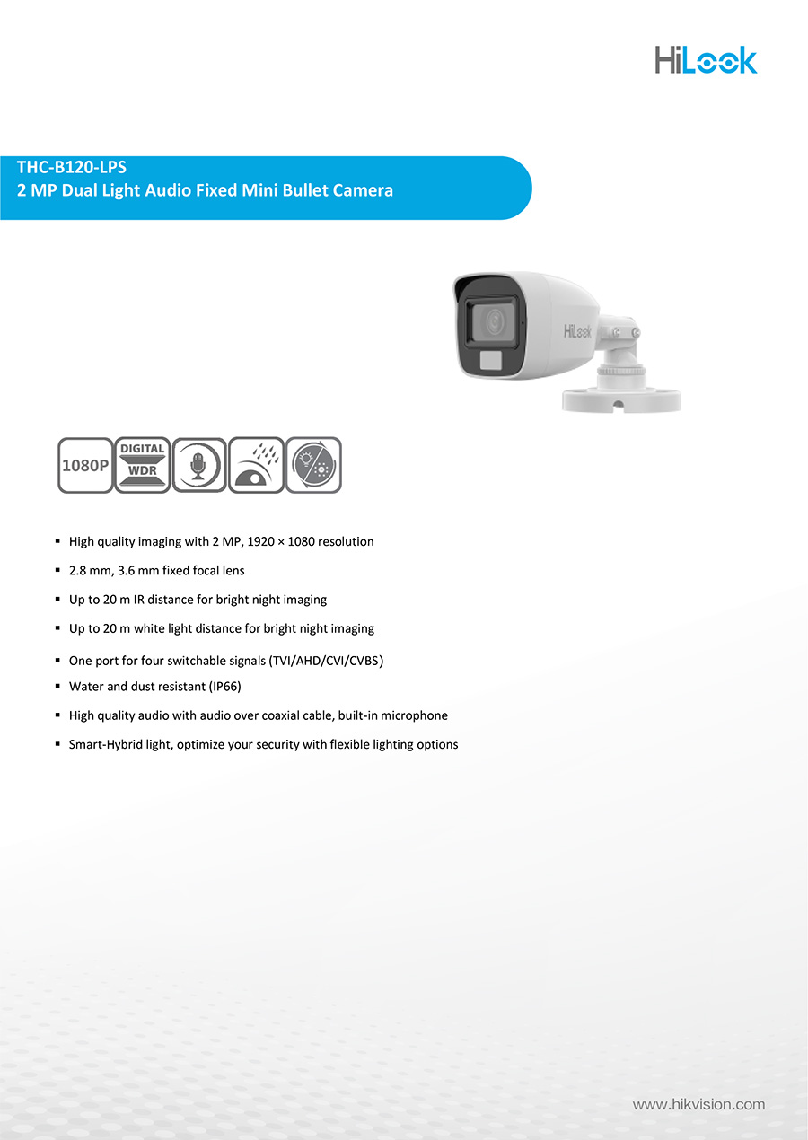 HILOOK THC-B120-LPS กล้องวงจรปิด HD 2MP DUAL LIGHT มีไมค์ในตัว Plastic Body BY BILLIONAIRE SECURETECH THC-B120-LPS