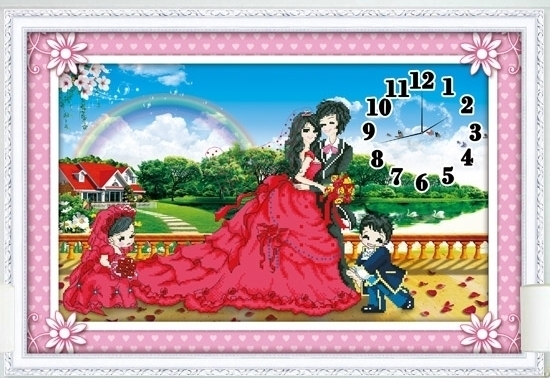 clock-1028 *สินค้าหมด* ชุดปักครอสติช ลายนาฬิกาคู่บ่าวสาว (งานปักเต็มลาย) ขนาด 70*50 ซม.ผ้าครอสติช 11CTพิมพ์ลายปักเต็มลายผ้า ไหมคอตตอน 54 สี ผังลาย เข็ม