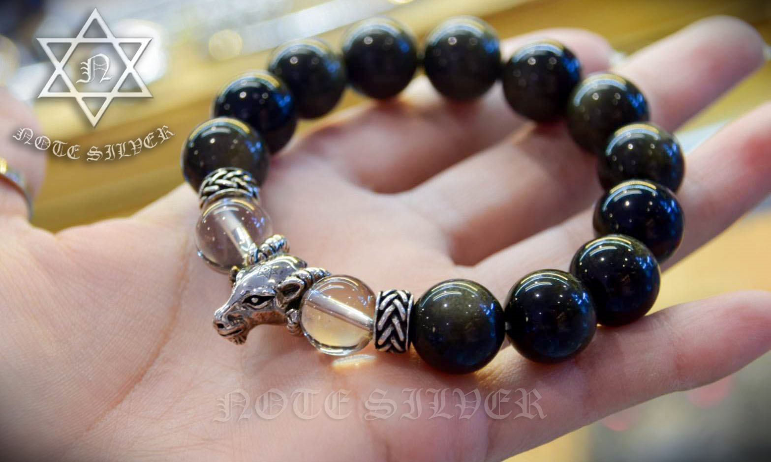 สร้อยข้อมือออปซีเดียน ประดับหัวแพะเงินแท้ Sterling Silver 925 NSSV2238