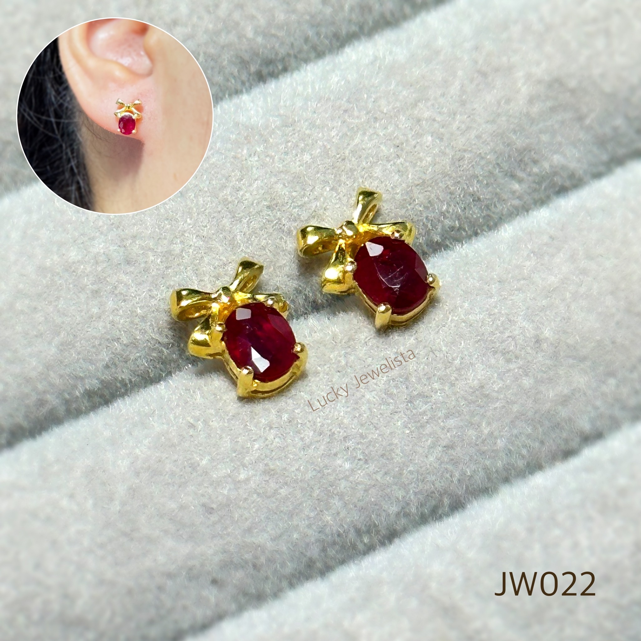 ต่างหูพลอยทับทิมพม่า เผาเก่า สีแดงเลือดนก 5x4 มิล ทรงไข่ 1