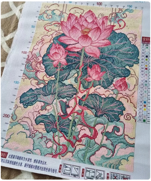 bua-1126 *สินค้าหมด* ชุดปักครอสติช ลายช่อบัวหลวง (ปักเต็มผืนผ้า ไม่มีเดินเส้น ผ้า11CT พิมพ์ลาย ปัก 3 เส้นเล็ก) ขนาดใหญ่ 50*70 ซม.ผ้าครอสติช 11CTพิมพ์ลายปักบนผ้า ไหมคอตตอน 23 สี ผังลาย เข็ม