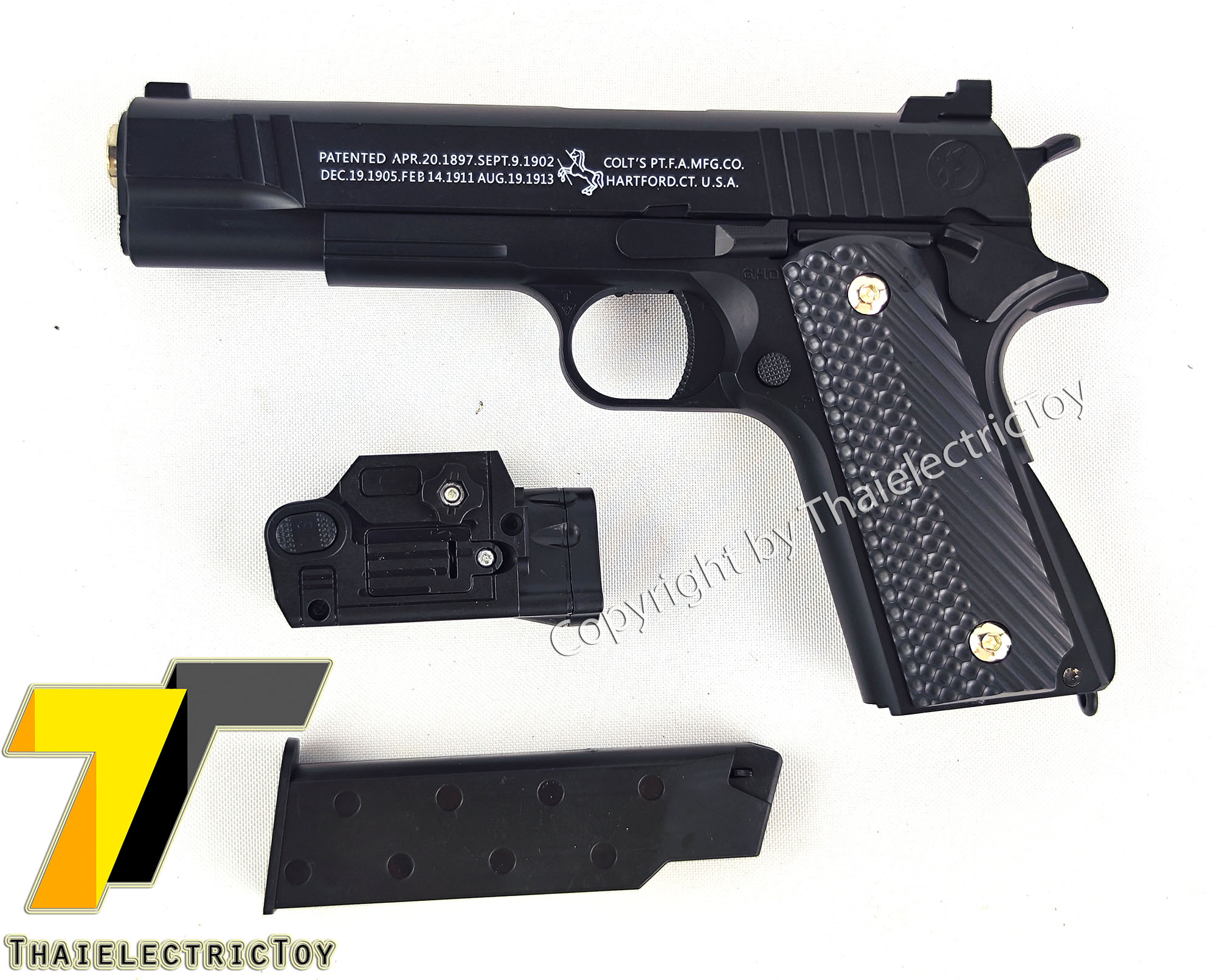 ปืนอัดลมพลาสติก 1911 ชักยิงทีล่ะนัด ลำกล้องยาว 7.5 นิ้ว หนัก 318 กรัม มีไฟฉาย เลเซอร์