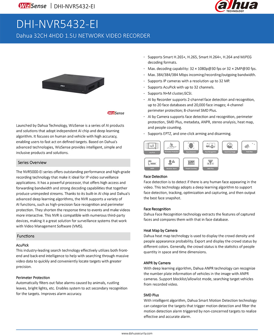 DAHUA NVR5432-EI NVR 32CH Port 4HDD 1.5U AcuPick WizSense BY BILLIONAIRE SECURETECH NVR5432-EI