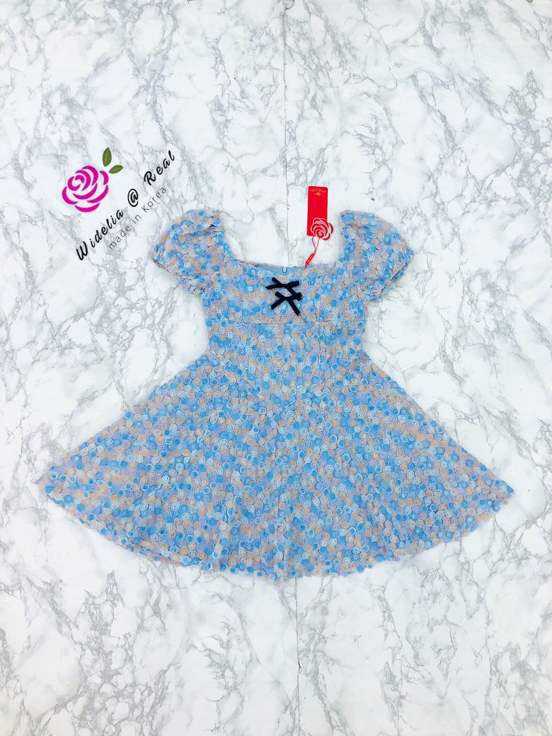 Korea Mini dress มินิเดรสแขนพองคอเหลี่ยมแสนสวย (ฟ้า)