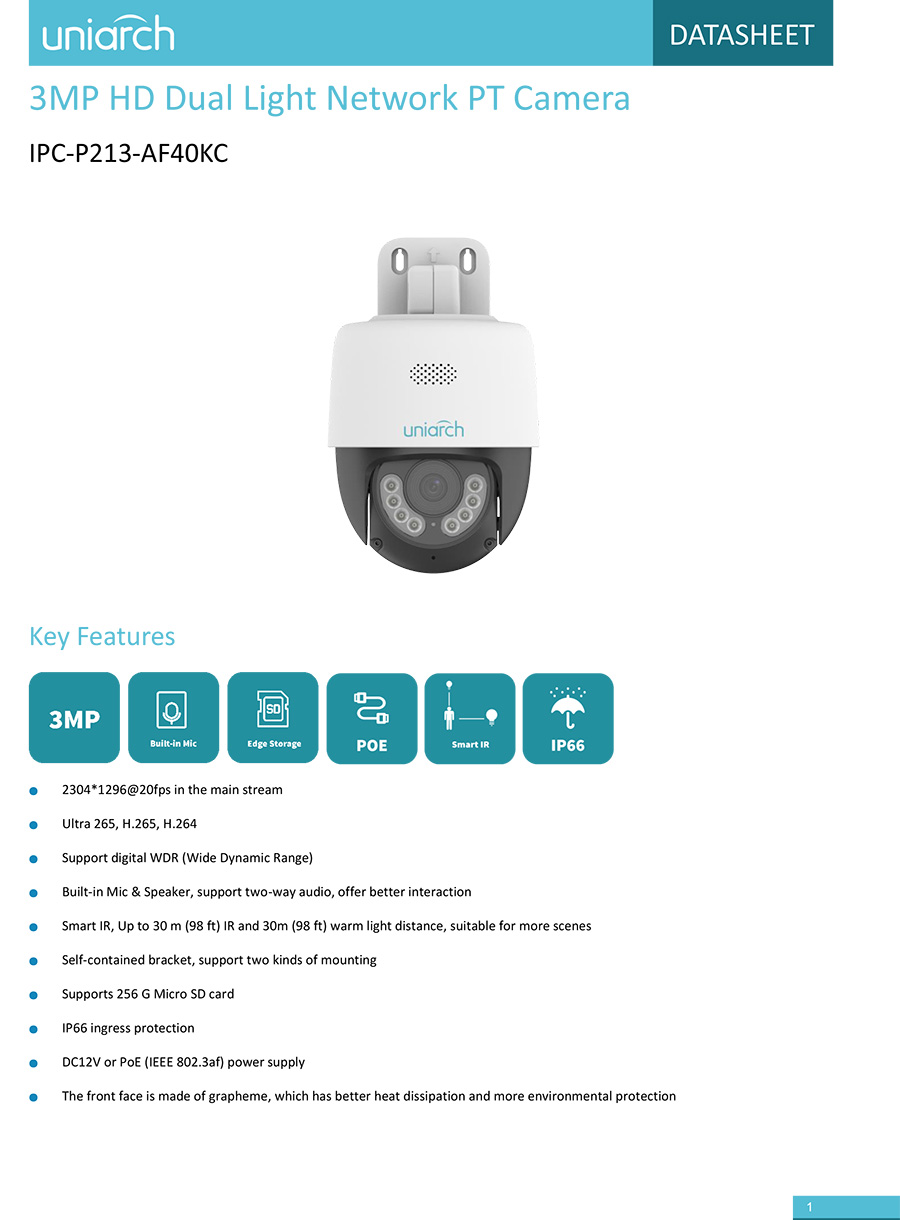 UNIARCH IPC-P213-AF40KC (4mm.) กล้องวงจรปิด PT IP CAMERA 3MP (ไม่ใช่กล้องWiFi) Pan-Tilt , 2Way Audio , ใส่การ์ดได้ , POE , Onvif BY BILLIONAIRE SECURETECH IPC-P213-AF40KC
