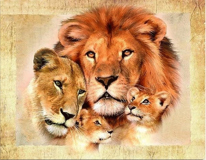 lion-2002 *พร้อมส่ง* ชุดภาพติดคริสตัลกลม ลายครอบครัวสิงโต (งานติดเต็มภาพ) ขนาดเล็ก 25*20 ซม.คริสตัลกลม 26 สี อุปกรณ์ครบชุด