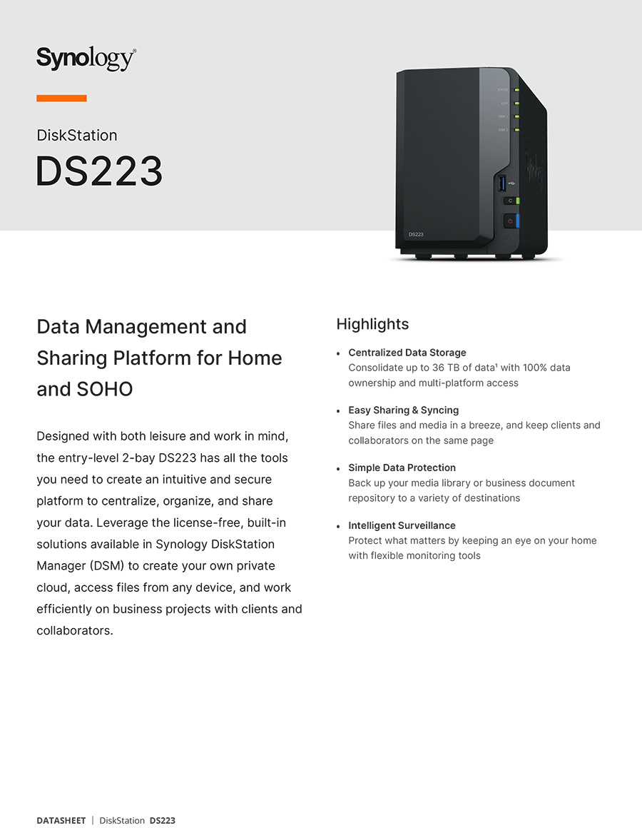 Synology DS223 NAS 2-BAY อุปกรณ์จัดเก็บข้อมูลบนเครือข่าย Realtek RTD1619B 4-core 1.7 GHz - 2GB BY BILLIONAIRE SECURETECH DS223