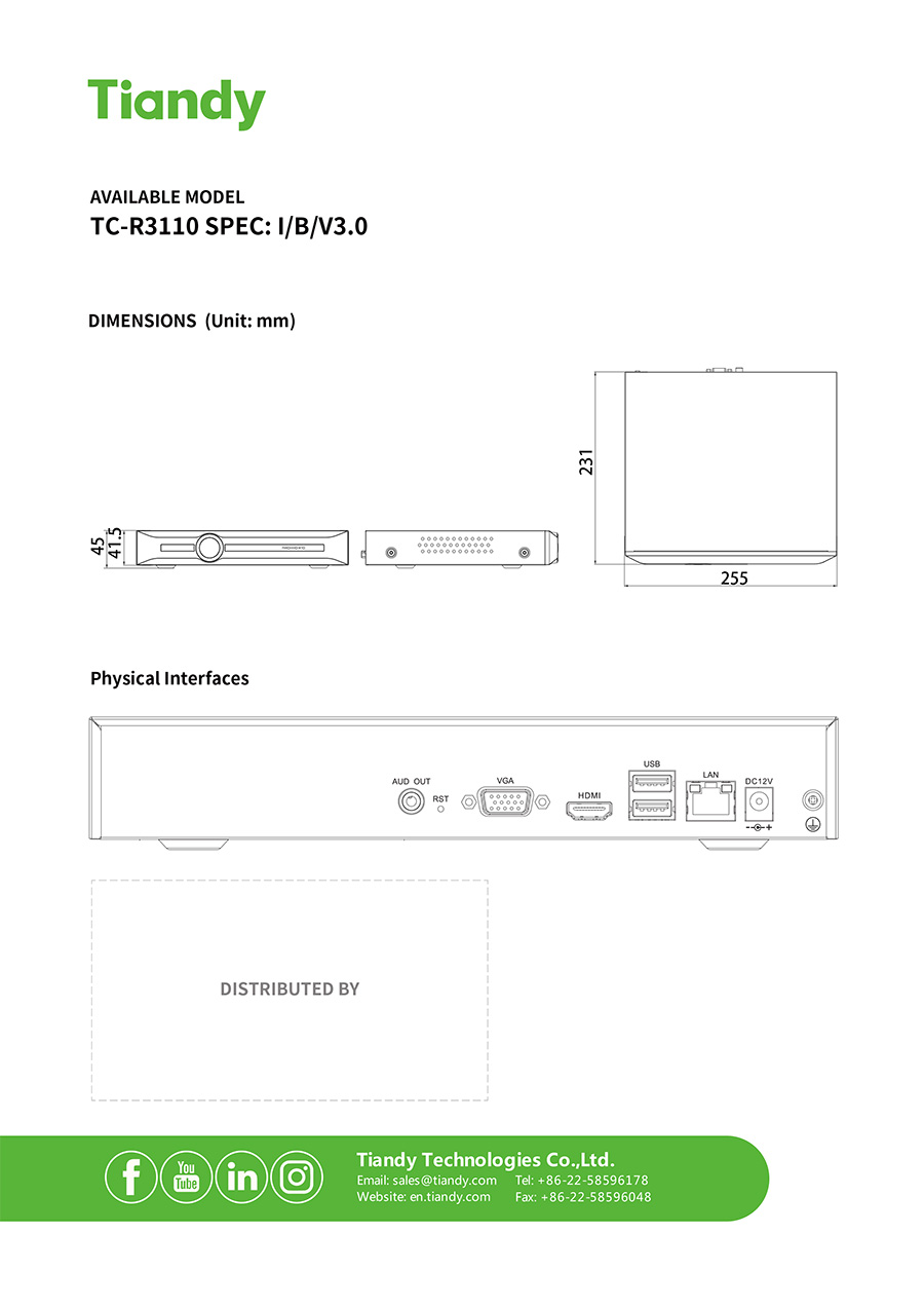 TIANDY TC-R3110 SPEC:I/B/V3.0 NVR 10CH (ไม่มี POE) H.265 1SATA BY BILLIONAIRE SECURETECH C-R3110 SPEC:I/B/V3.0